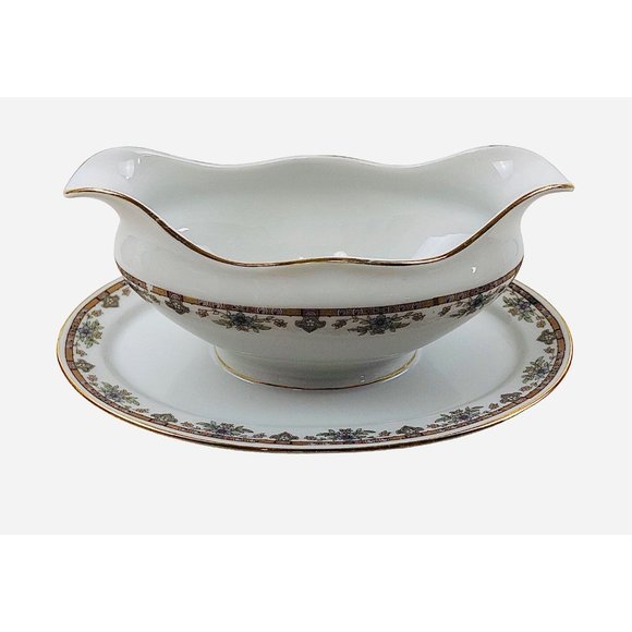 Royal Beyreuth Gravy Boat Bavaria Porcelain Gold Trim Floral Attached Underplate - Picture 2 of 9